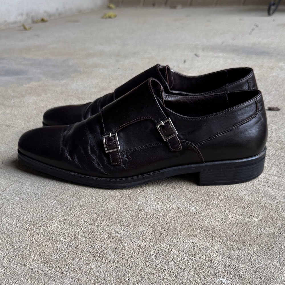 Bruno Magli mens 8.5 dark brown solid double monk strap leather dress shoes EUC